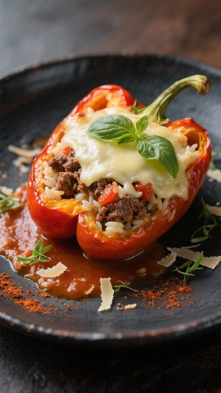 Final plated dish: Restaurant-quality presentation of one halved stuffed bell pepper on a dark ceram
