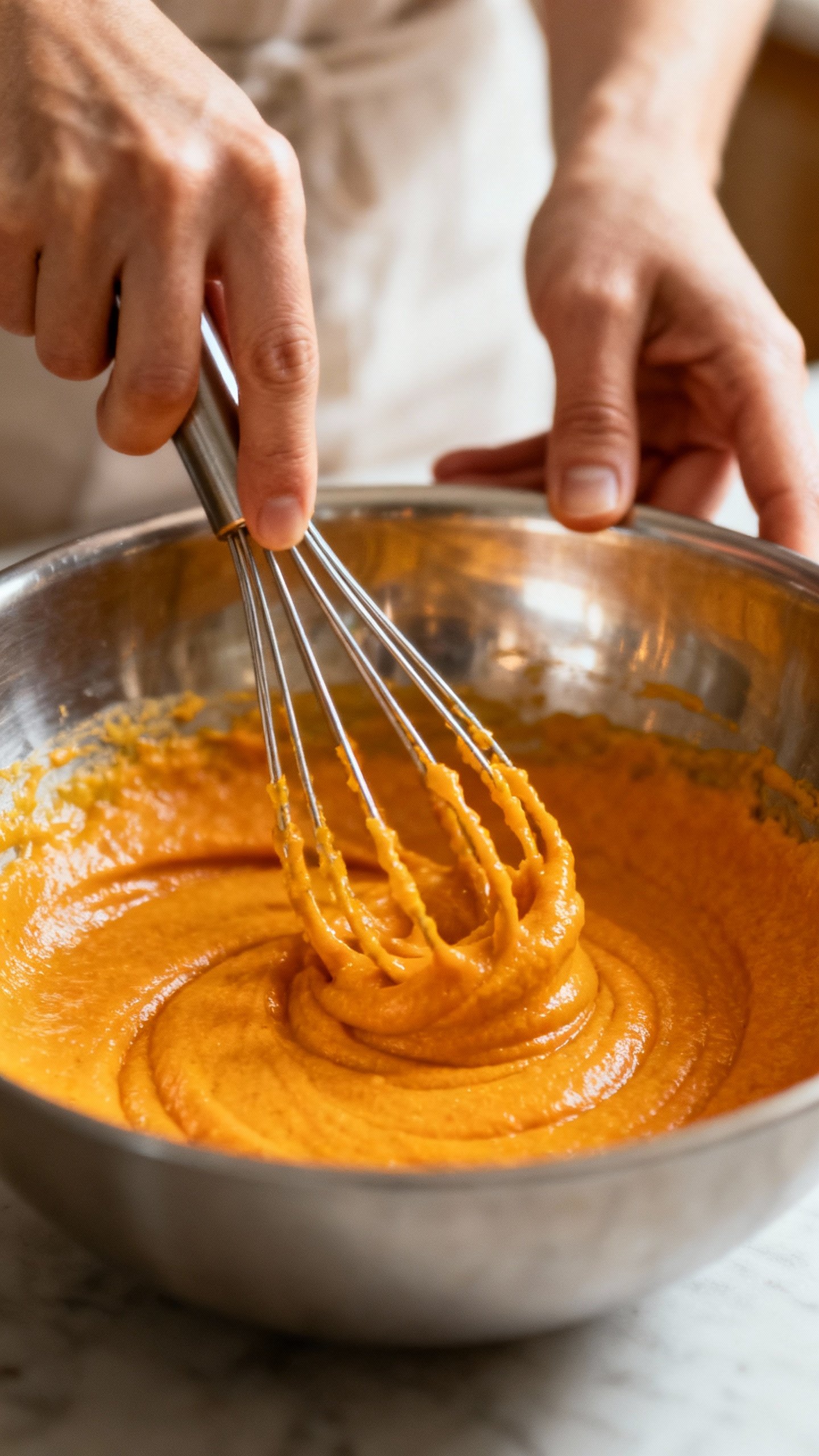 Hands whisking orange pumpkin batter in metal bowl