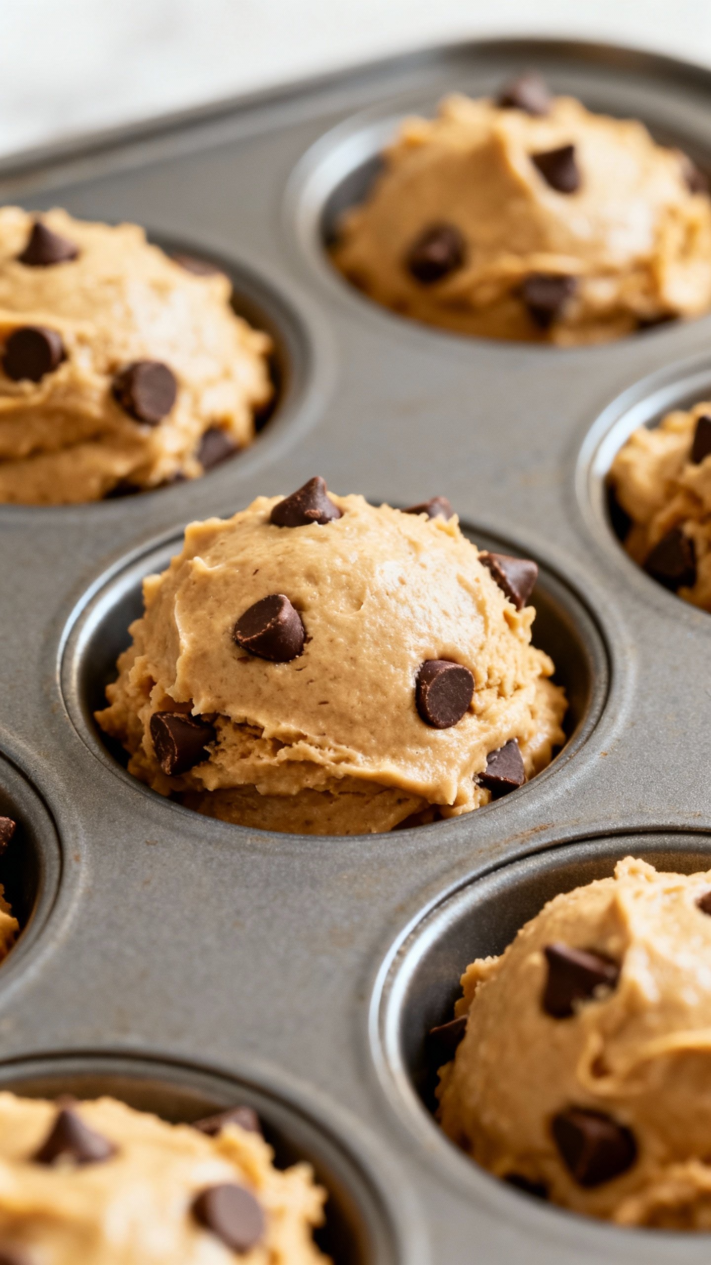 Overhead muffin pan scooped batter, chocolate chips visible