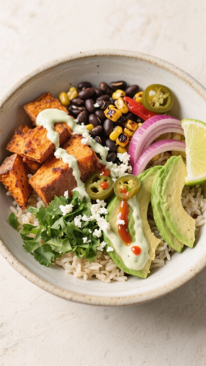 Tasty top view, final dish: Overhead shot of a Sweet Potato Taco Bowl assembled in a wide, shallow c