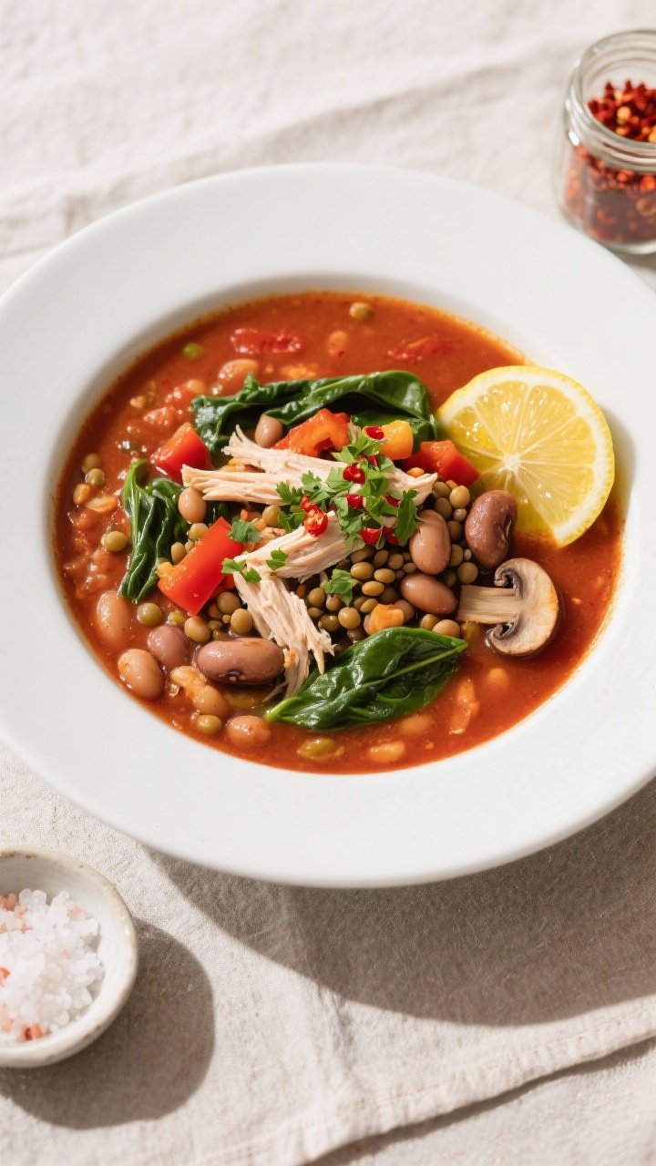 Tasty top view: Overhead shot of a generous bowl of the finished soup plated in a wide, white shallo