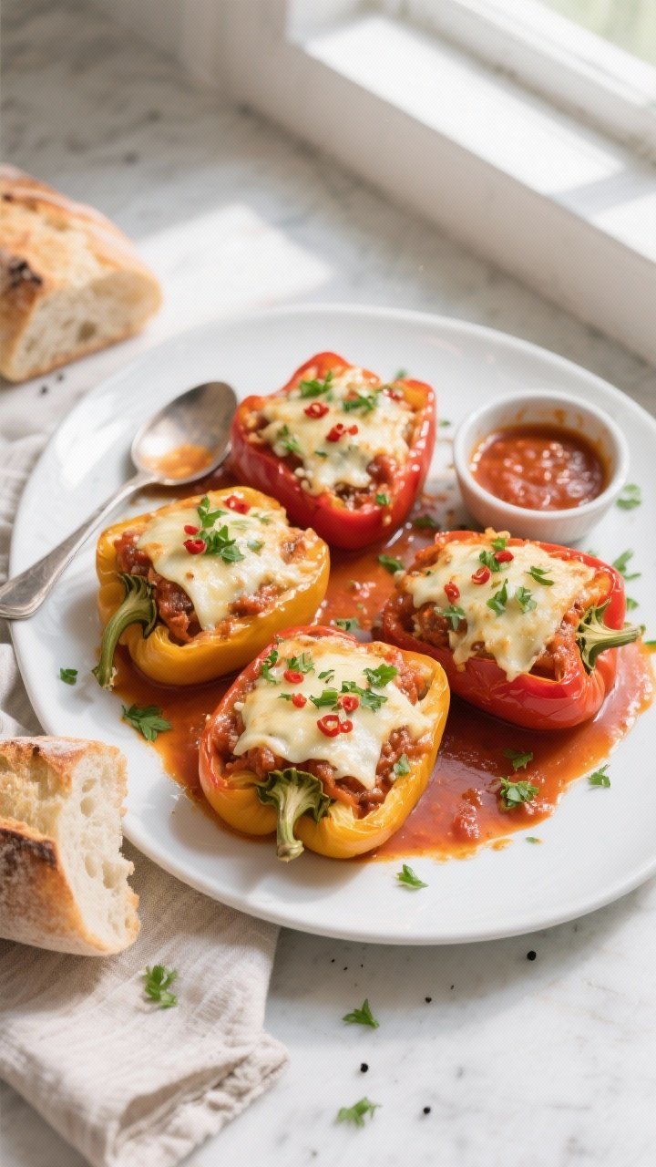 Tasty top view: Overhead shot of finished stuffed bell peppers on a matte white platter, each pepper