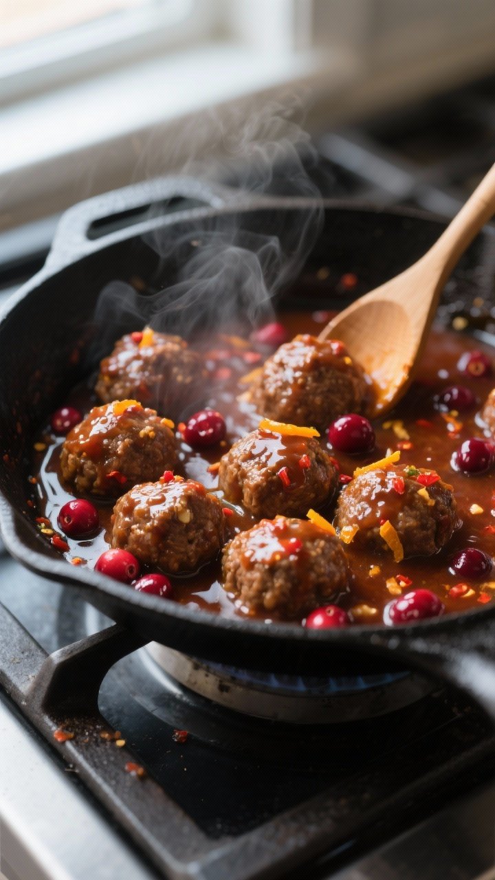 Close-up cooking process: Cranberry-chili glazed cocktail meatballs simmering in a wide black skille