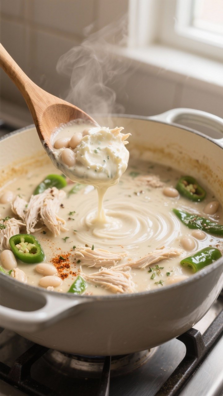 Close-up cooking process: Creamy white chicken chili mid-simmer in a matte enamel Dutch oven, surfac