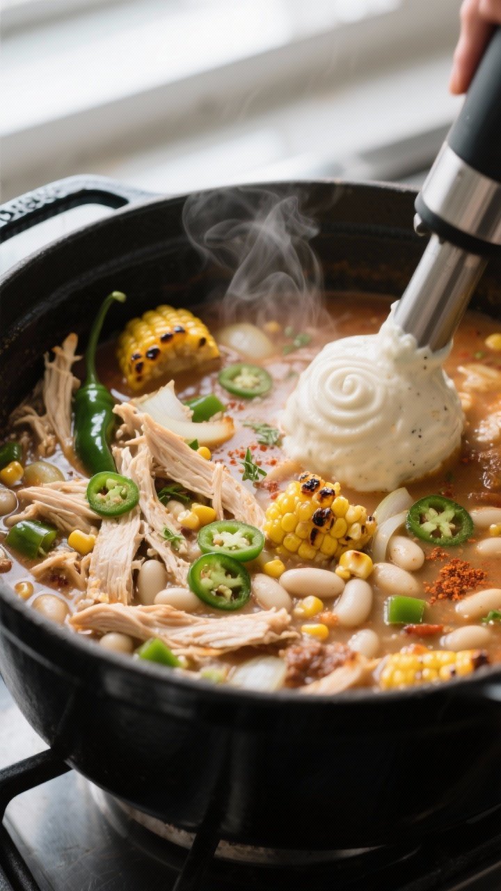 Close-up cooking process: White chicken chili base simmering in a matte black Dutch oven, showing te