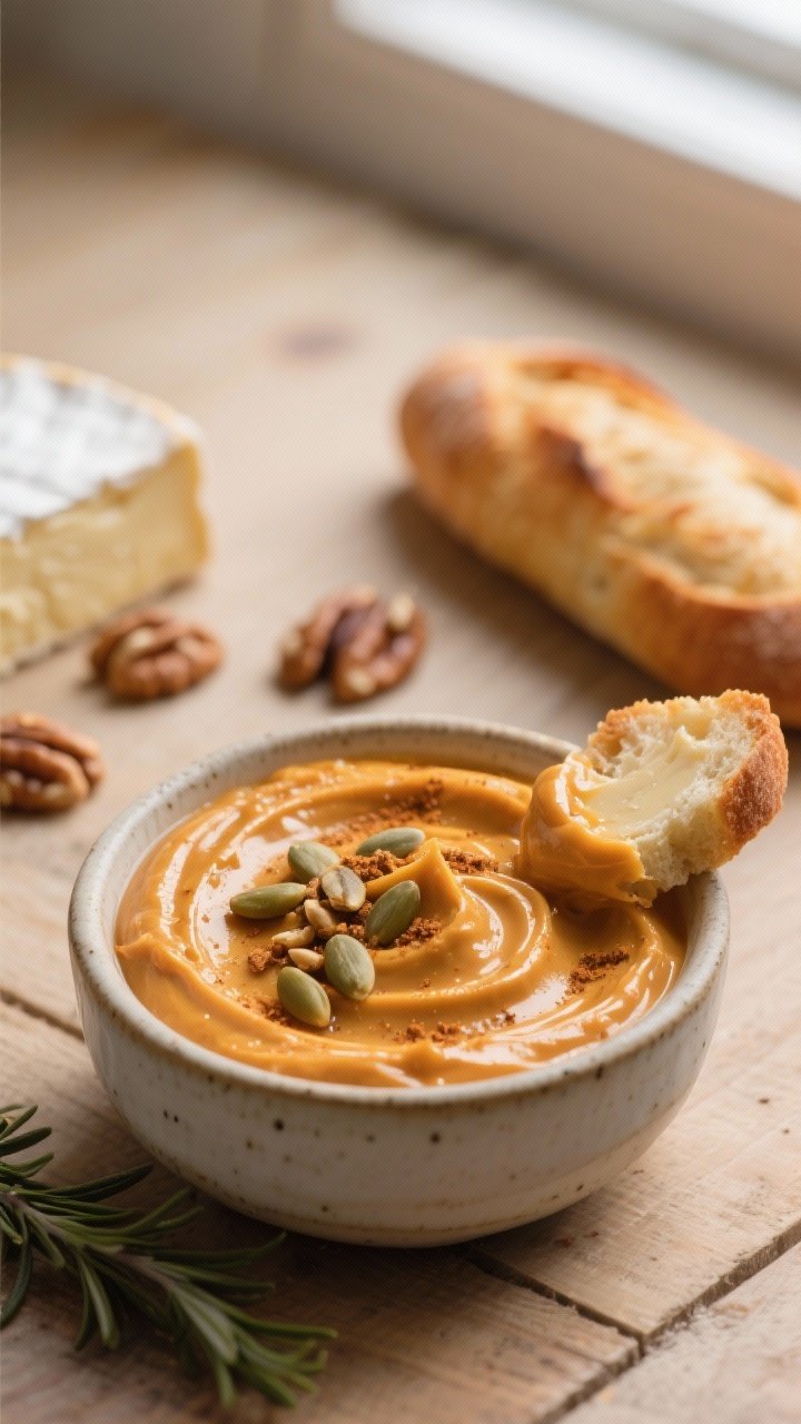 Close-up detail: A small ceramic bowl of silky pumpkin dip just out of the fridge, swirled to glossy