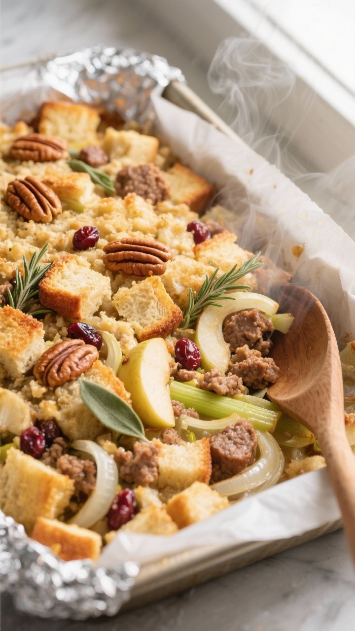 Close-up detail and cooking process: Golden, gluten-free stuffing just after the foil is removed, st