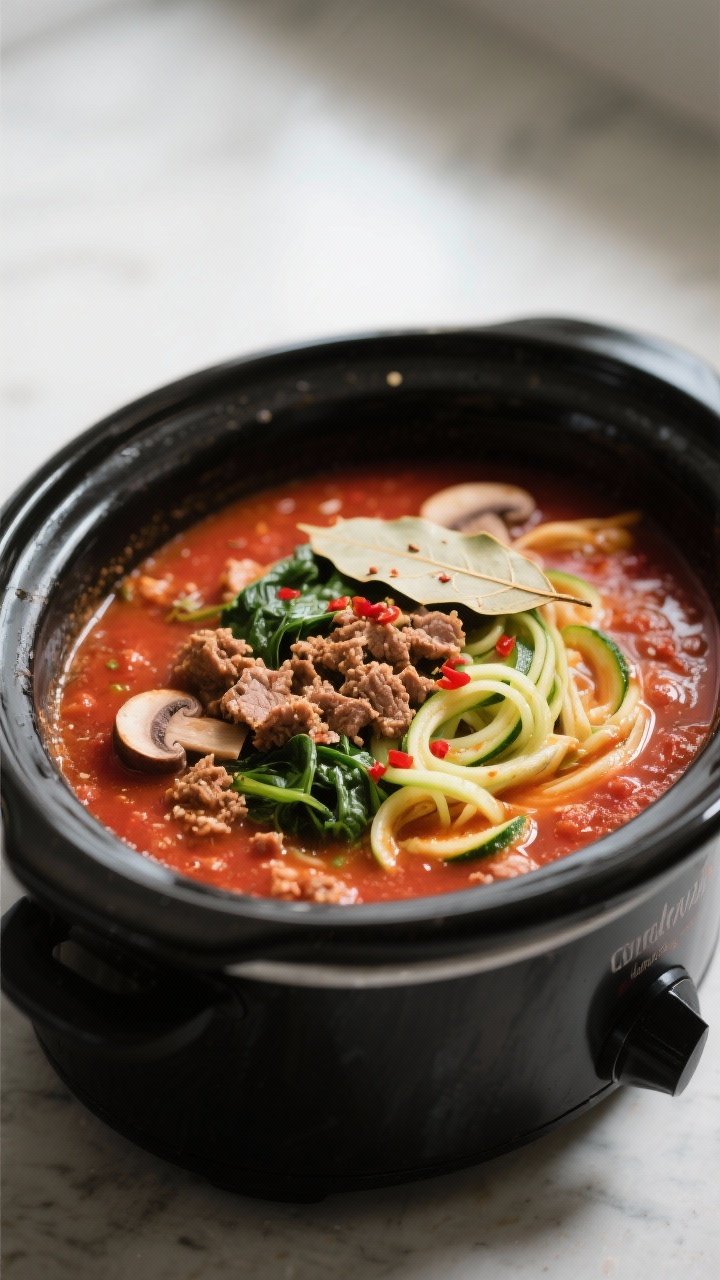Close-up detail and cooking process: Rich tomato lasagna soup simmering in a matte-black slow cooker