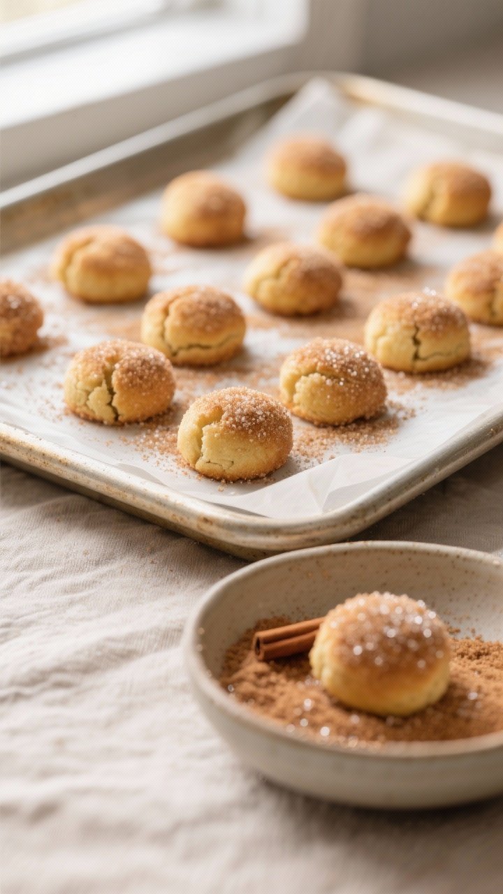 Close-up detail and process: A parchment-lined baking sheet just out of the oven with rows of mini c