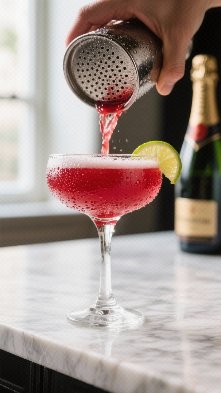 Close-up detail and process shot: A chilled cocktail coupe on a marble bar, the ruby-red pomegranate