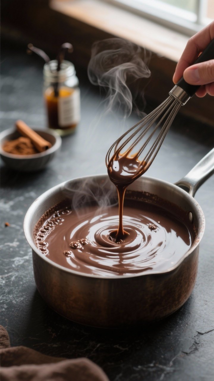 Close-up detail, cooking process: A steaming saucepan of silky hot cocoa base just off the heat, glo