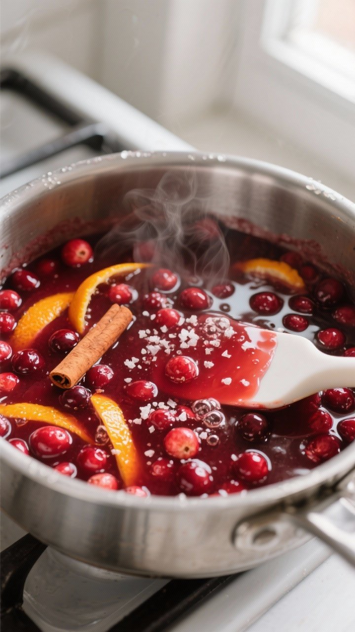 Close-up detail, cooking process: Cranberry orange sauce gently simmering in a stainless steel sauce