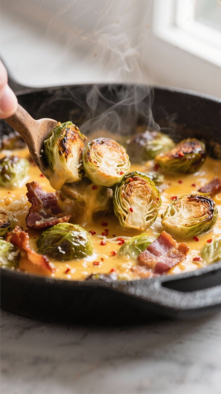 Close-up detail/cooking process: Crispy roasted Brussels sprouts just out of the oven, cut sides dee