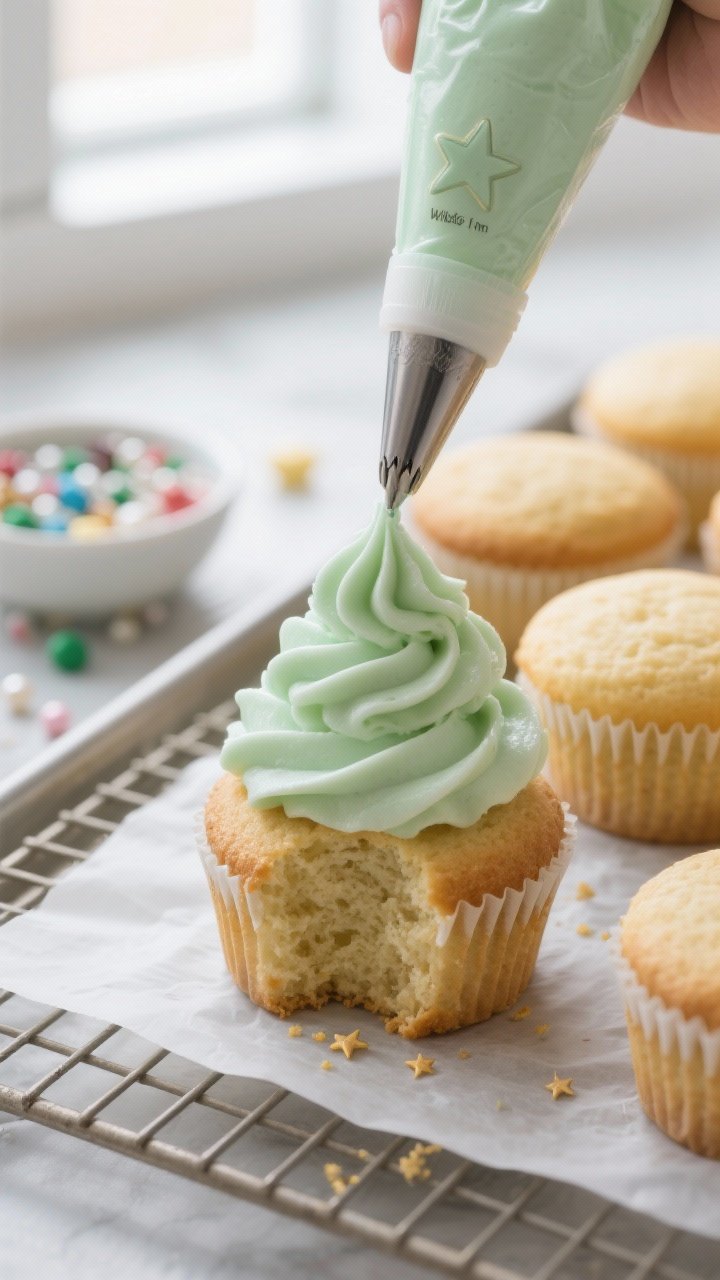 Close-up detail, cooking process: Freshly baked sugar cookie cupcakes cooling on a wire rack, golden