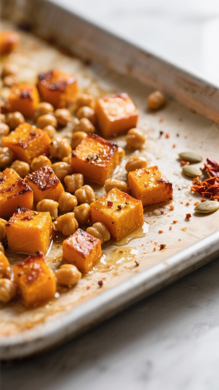 Close-up detail/cooking process: Golden, caramelized pumpkin cubes and crisped chickpeas just out of