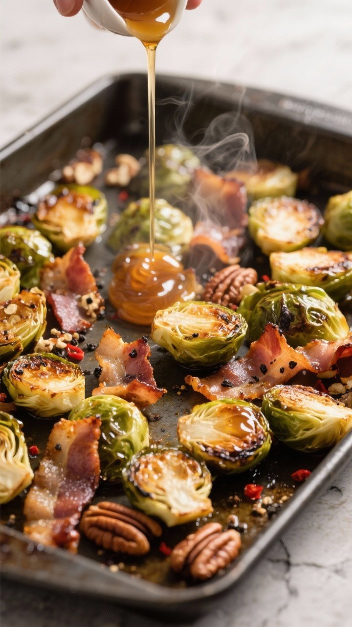 Close-up detail/cooking process: Sheet pan of roasted Brussels sprouts and bacon just after the firs