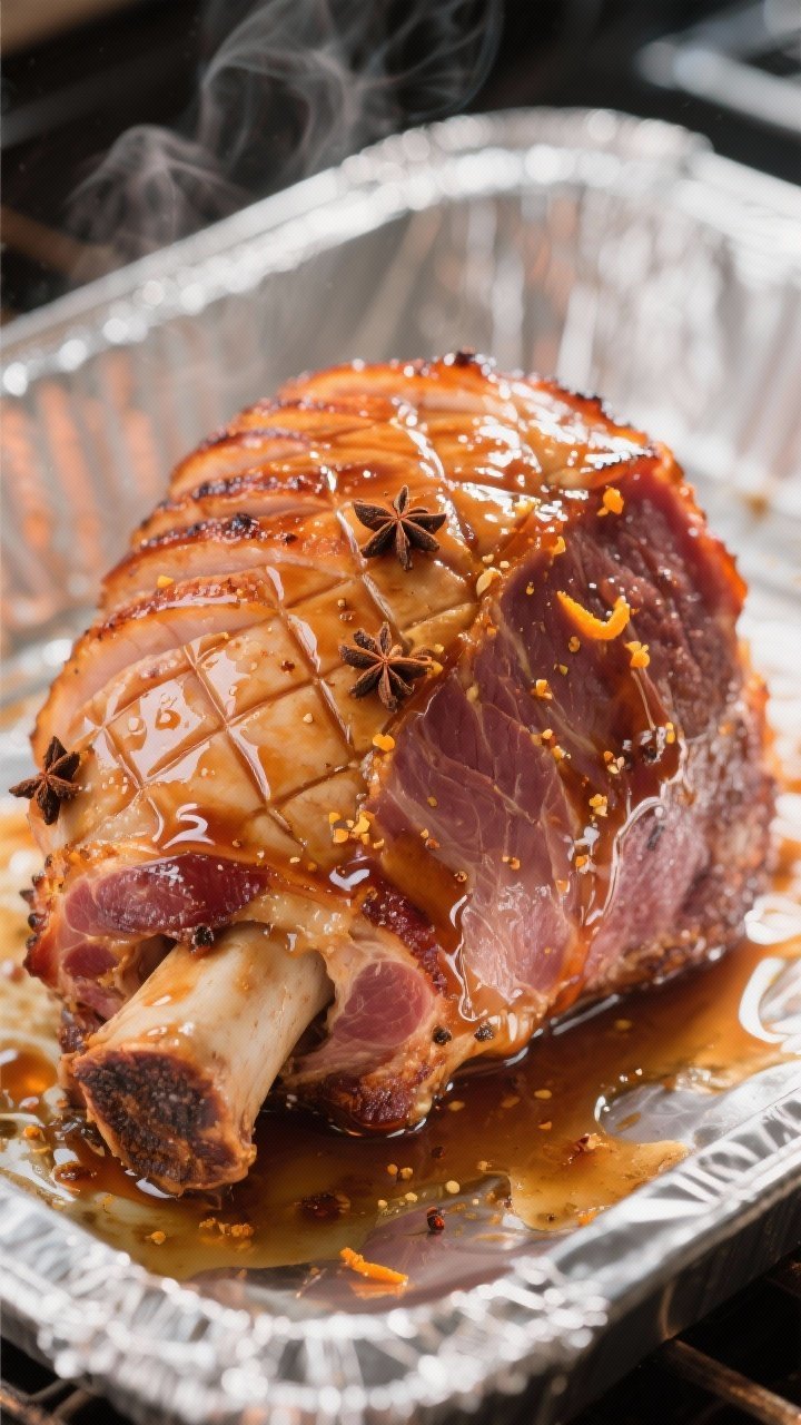 Close-up detail, cooking process: Spiral-sliced bone-in ham in the oven during final glazing, glossy