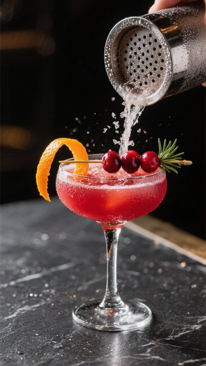 Close-up detail, final pour: A vivid cranberry-orange cocktail being double-strained from a frosty s