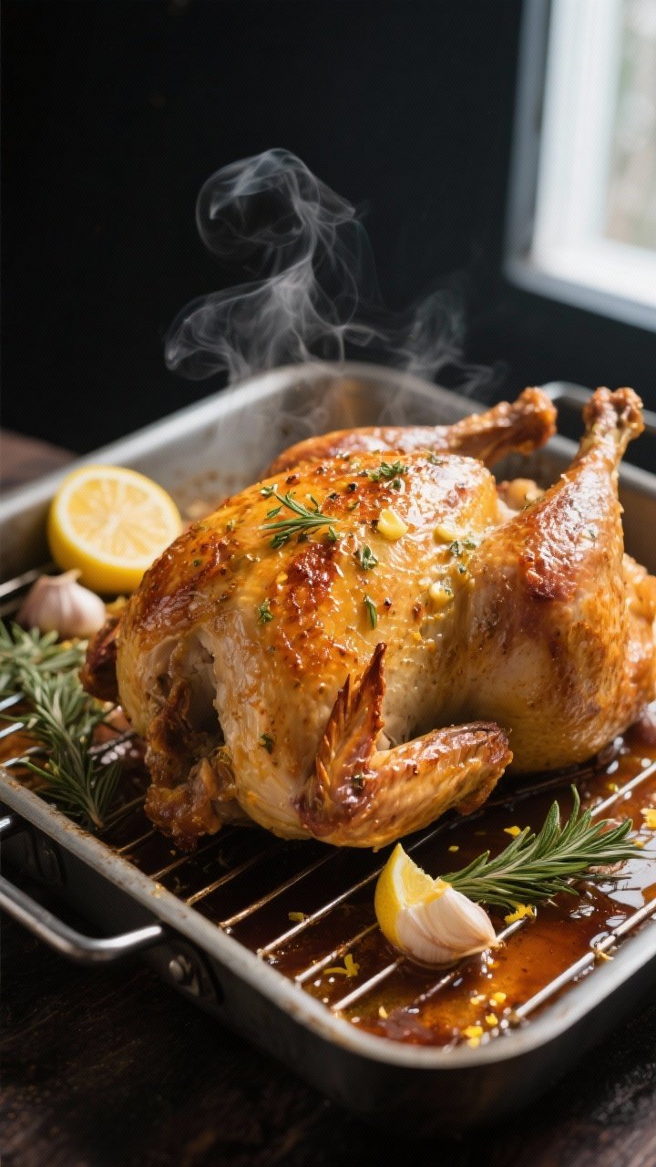 Close-up detail: Golden, crispy-skinned roast turkey just out of the oven on a rack in the roasting