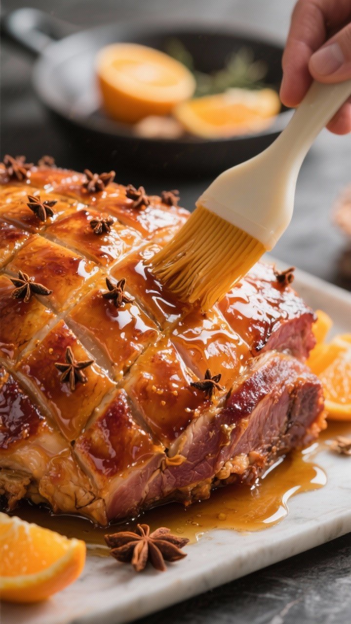Close-up detail: Honey-glazed Christmas ham during the final basting stage, scored diamond fat rende