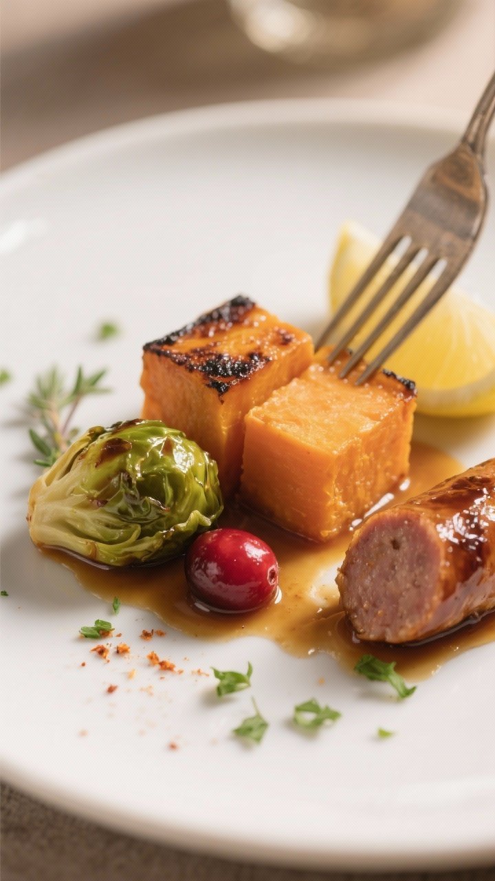 Close-up detail of a plated serving: fork-tender sweet potato cube split to show creamy interior, ch
