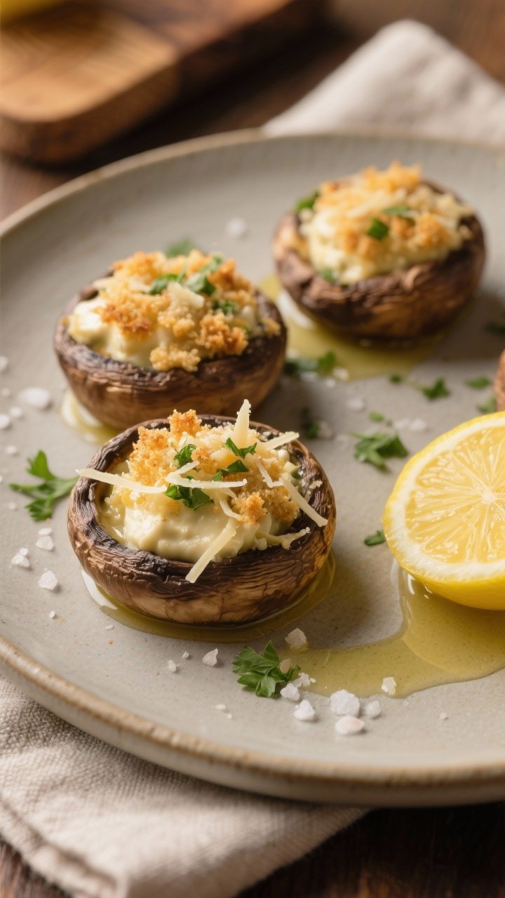 Close-up detail of a plated serving of stuffed mushrooms as a Thanksgiving appetizer, three mushroom