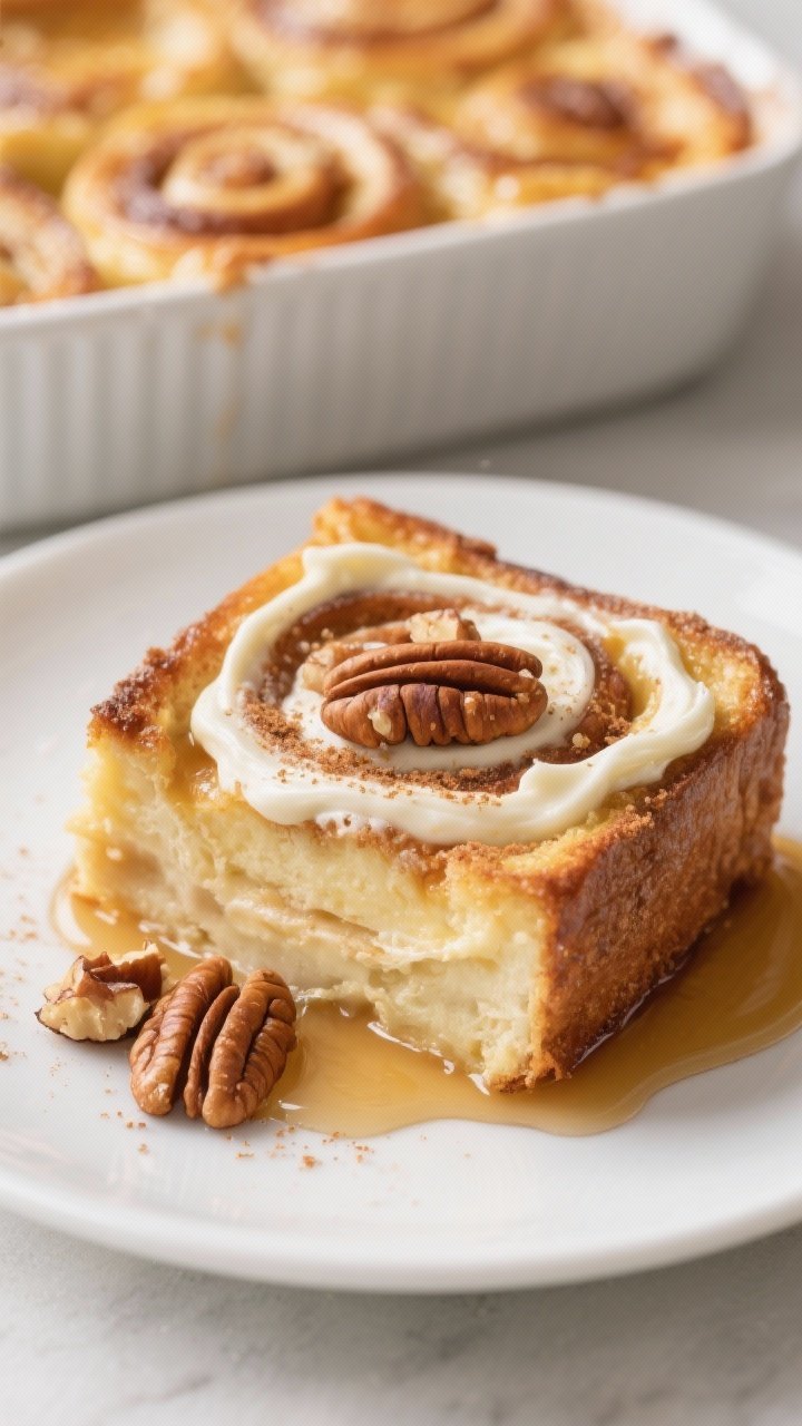Close-up detail of a plated square of Cinnamon Roll French Toast Bake on a white ceramic plate: cust