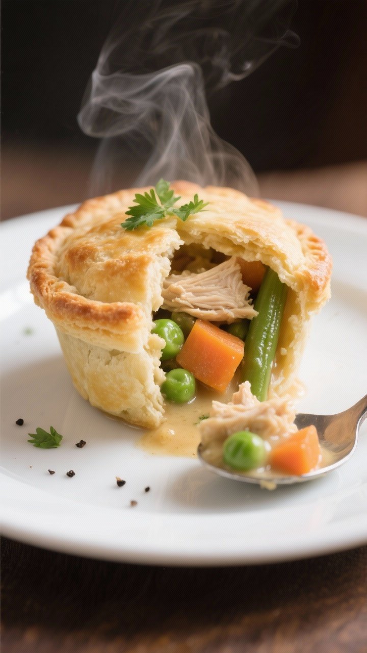 Close-up detail of a single mini chicken pot pie split open on a white plate, steam rising to show t
