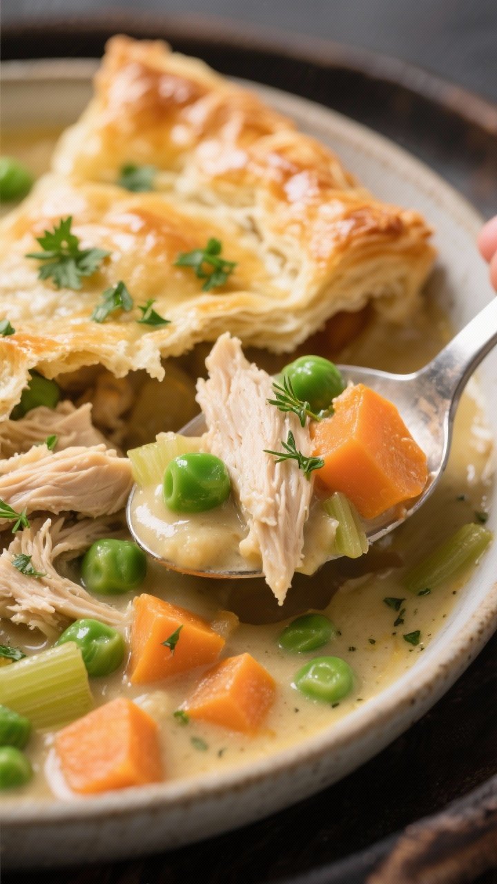 Close-up detail of a spooned serving of Chicken Pot Pie Casserole in a shallow bowl, focusing on the