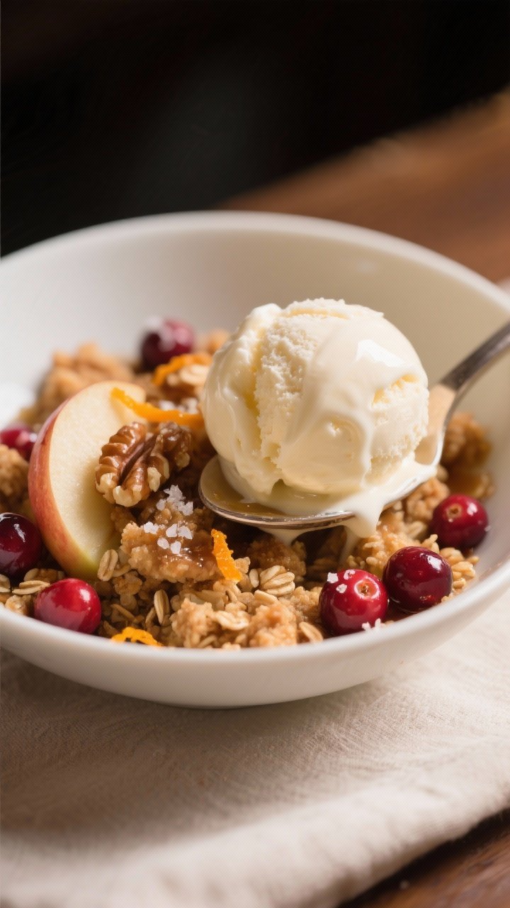 Close-up detail of a warm serving of Cranberry Apple Crisp spooned into a shallow white bowl, topped