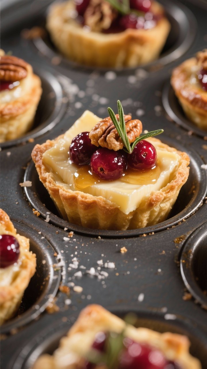 Close-up detail of freshly baked cranberry brie bites just out of a mini muffin pan: puff pastry cup