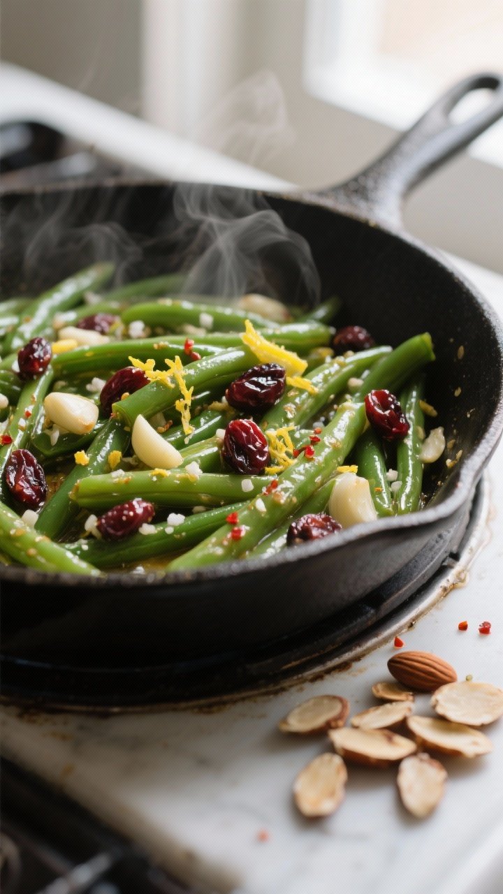 Close-up detail of sautéed green beans in a skillet, coated in glossy garlic butter with visible mi