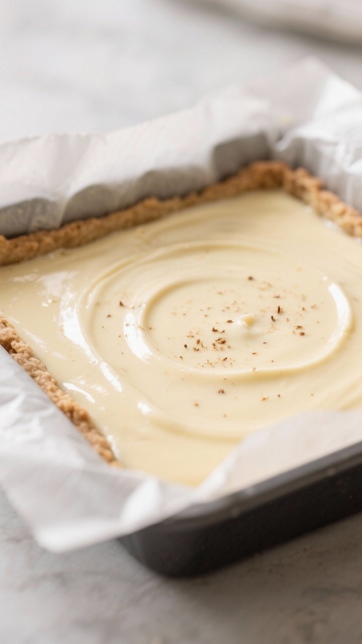 Close-up detail of the baked pan just after cooling and before chilling, filling poured over pre-bak