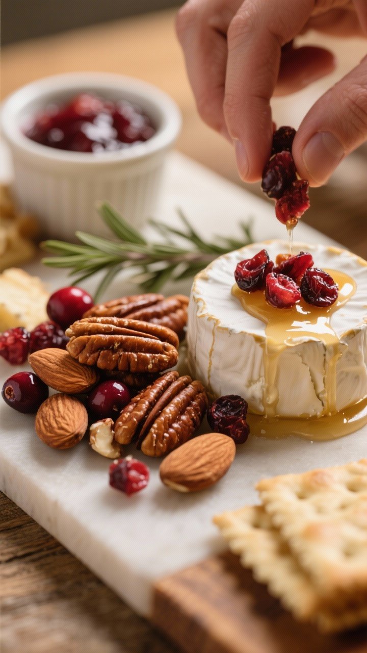 Close-up detail of warm toasted nuts and cranberry accents being added to the board: a tight, shallo