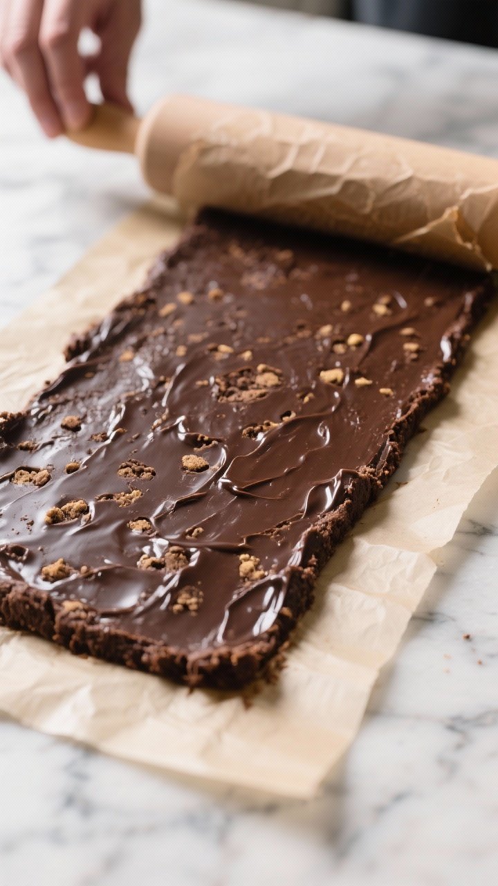 Close-up detail/process shot: No-bake chocolate cookie “dough” being rolled into a neat 10x14-in
