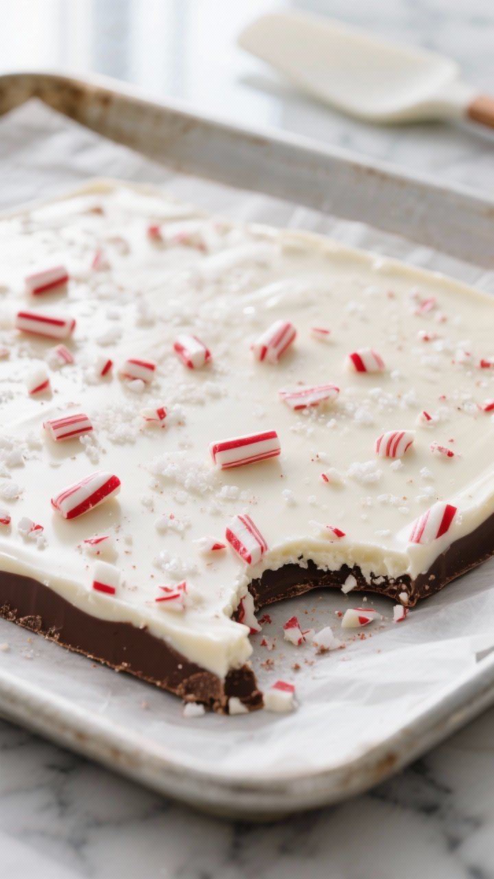 Close-up detail shot: A freshly set sheet of white chocolate peppermint bark at 1/4-inch thickness,
