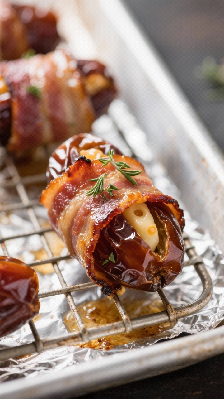 Close-up detail shot: Bacon-wrapped Medjool dates just out of the oven on a wire rack over a foil-li