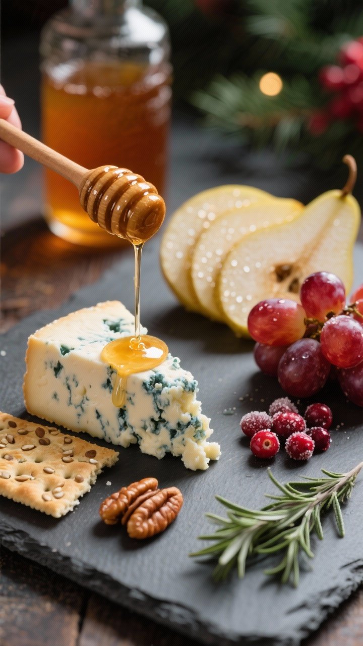 Close-up detail shot focusing on the blue cheese–honey pairing and seasonal fruit textures: a crea