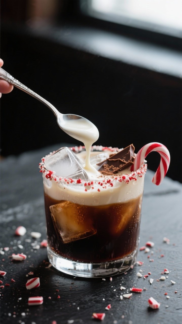 Close-up detail shot of a Peppermint White Russian being finished with a slow cream float: a bar spo