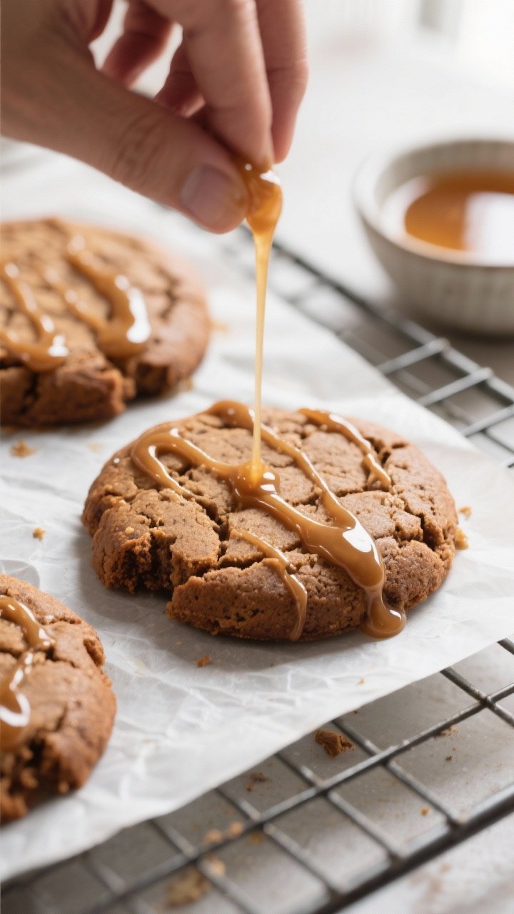 Close-up detail shot of freshly baked soft gingerbread cookies cooling on a wire rack, glossy maple
