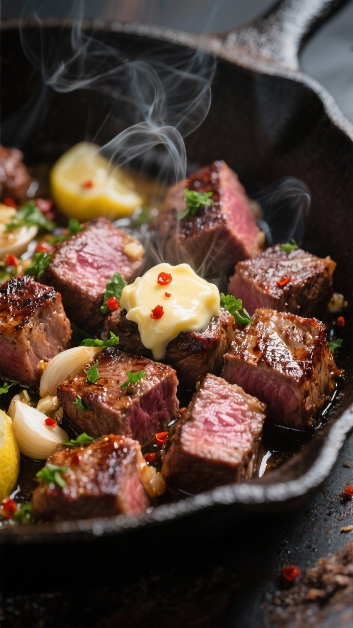 Close-up detail shot: Sizzling garlic butter steak bites just tossed in the skillet, caramelized cru