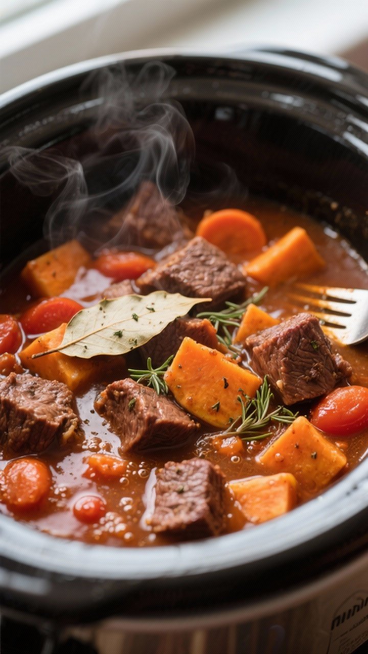Close-up detail: Slow Cooker Beef and Sweet Potato Stew mid-cook, lid off the slow cooker, showing f