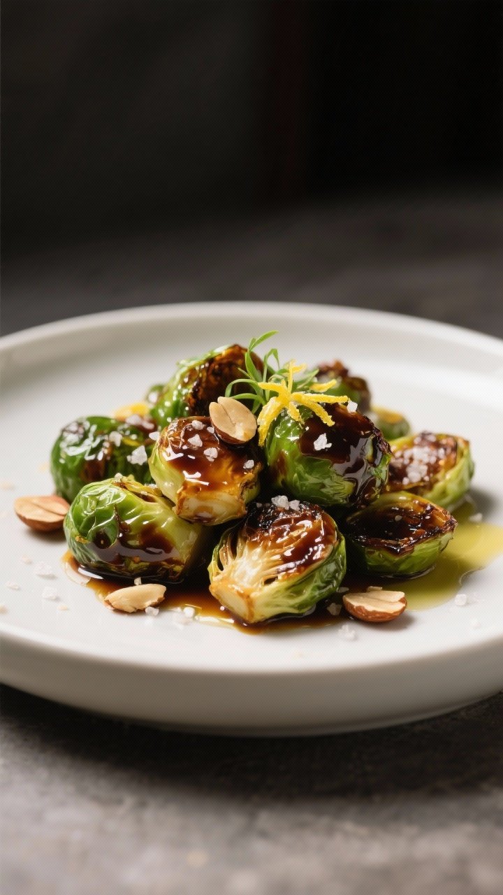Close-up final plate: Brussels sprouts tossed in a glossy balsamic glaze, piled on a matte white sha