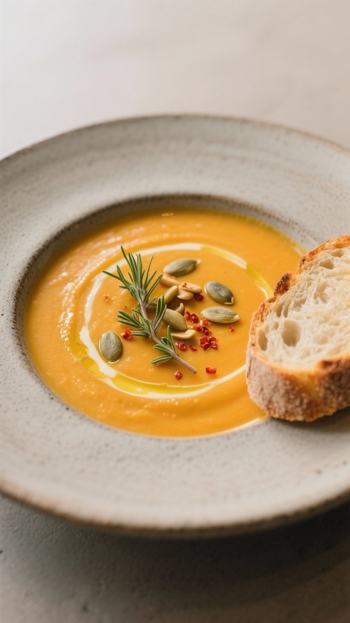 Close-up, final plated bowl of creamy butternut squash soup on a matte stoneware bowl, vibrant golde