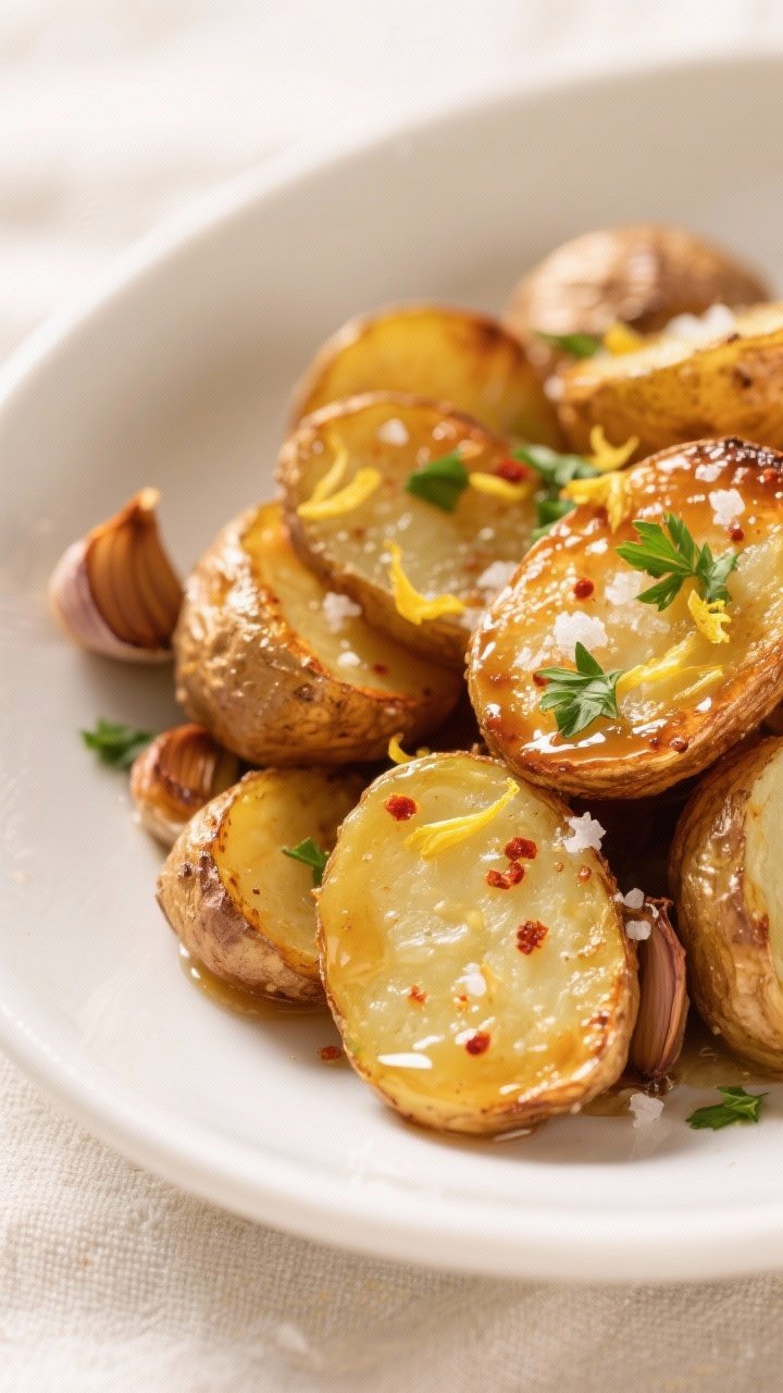 Close-up final presentation of the honey garlic roasted potatoes in a low, white serving bowl: ultra