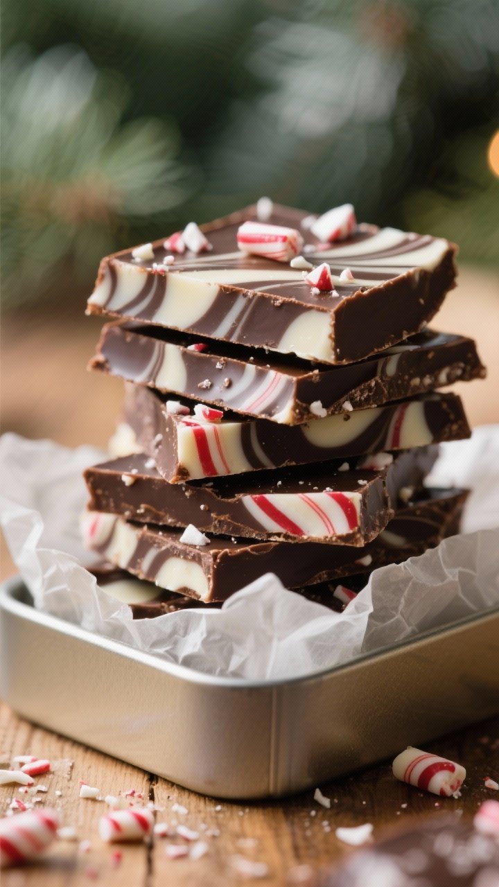 Close-up macro detail of a stacked giftable pile of peppermint chocolate bark pieces in a small tin