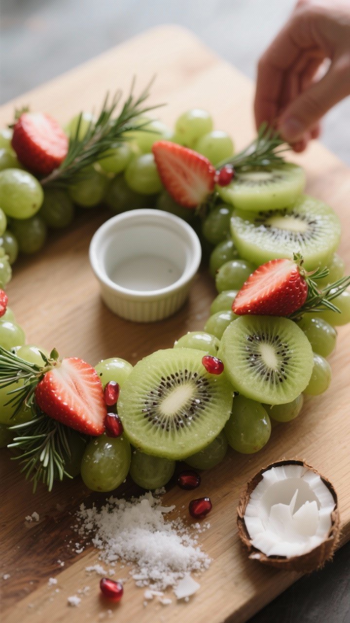 Close-up process detail of the wreath being built: a partial circular ring of glossy green grapes an