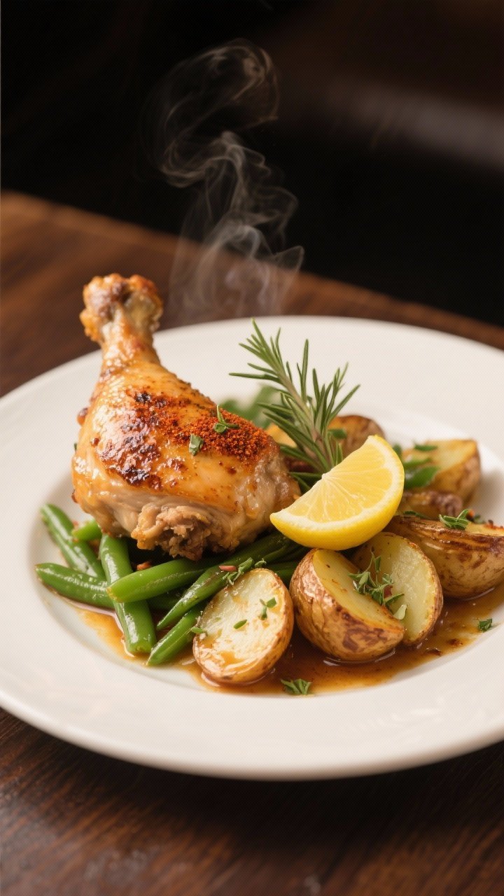 Close-up, shallow depth-of-field plated final dish: one chicken thigh with deeply rendered, blistere