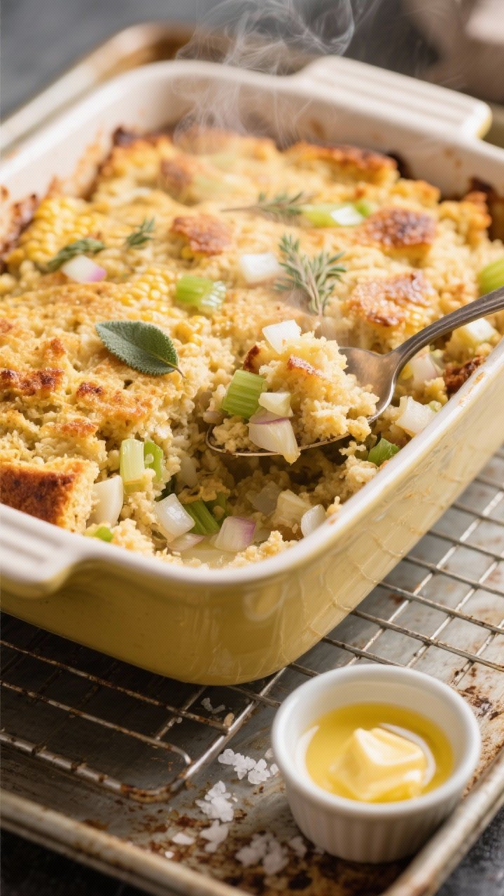 Close-up, three-quarter angle cooking-process shot of the cornbread stuffing just out of the oven in