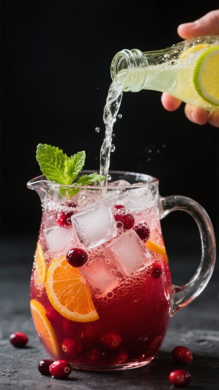 Close-up, three-quarter angle detail of the serving moment: a stream of chilled lemon-lime soda bein